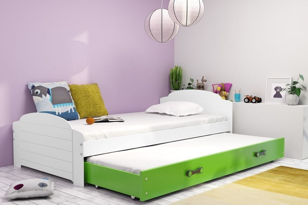 eoshop Detská posteľ Liali - 2 osoby, 90x200 s výsuvnou prístelkou - Biela, Zelená